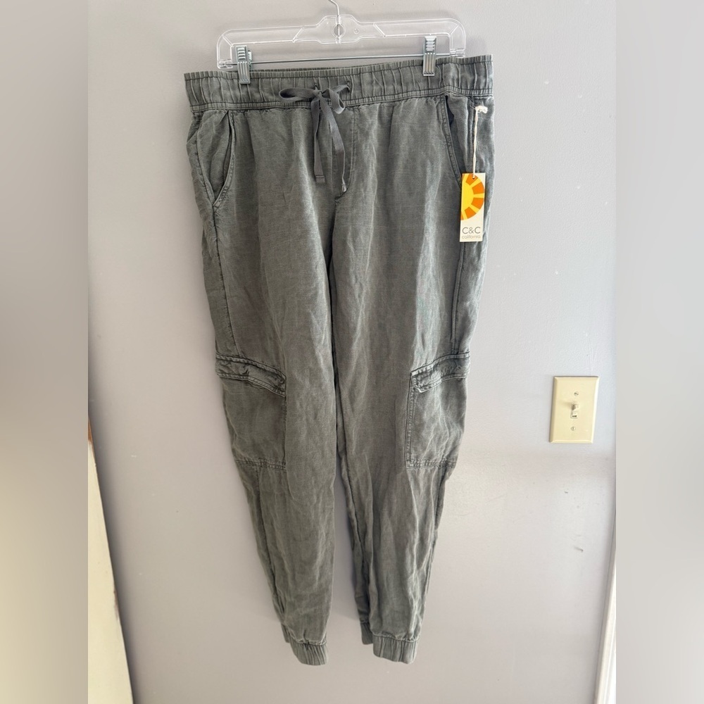 C&C California Cargo Joggers Women’s SZ L Linen Blend Light Green New Fall Boho